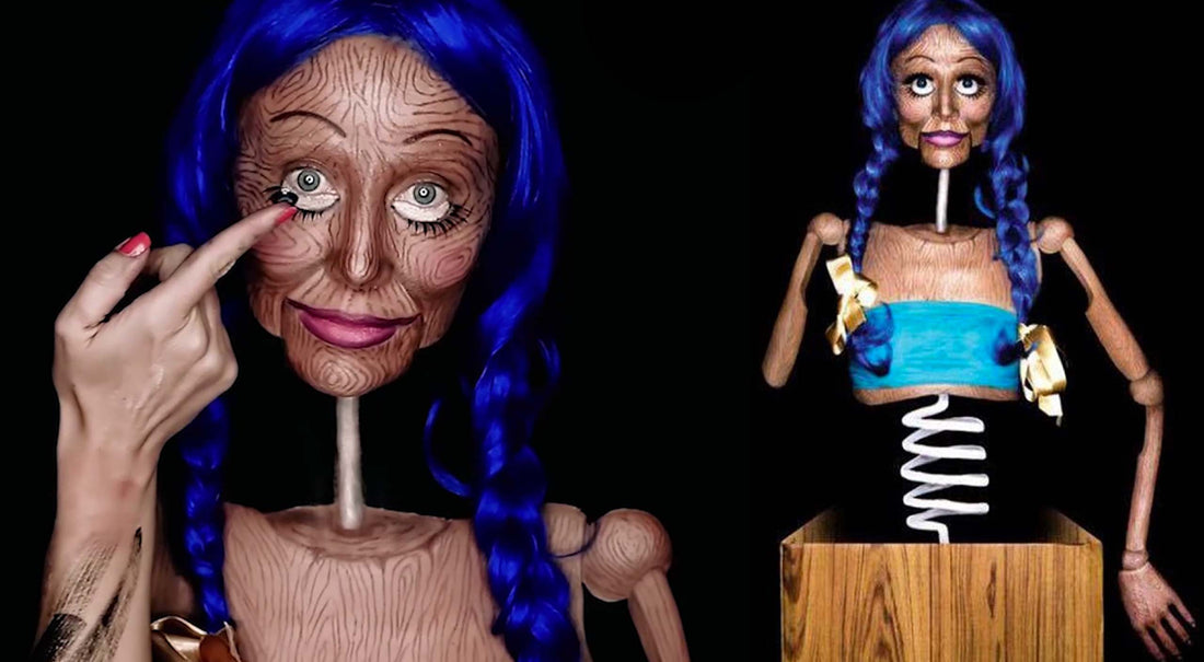 Une femme métamorphosée en poupée de bois psychédélique grâce au maquillage !
